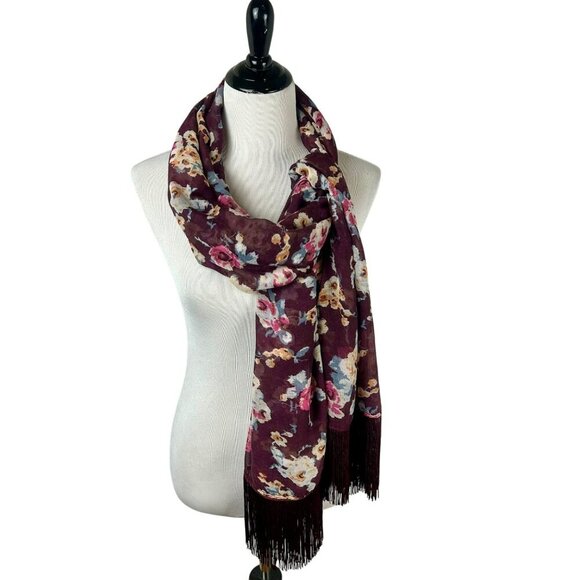 NEW Charlie Page Floral Scarf Wrap Women Maroon Burgundy Wine Pink Tassel Hem - Picture 1 of 5